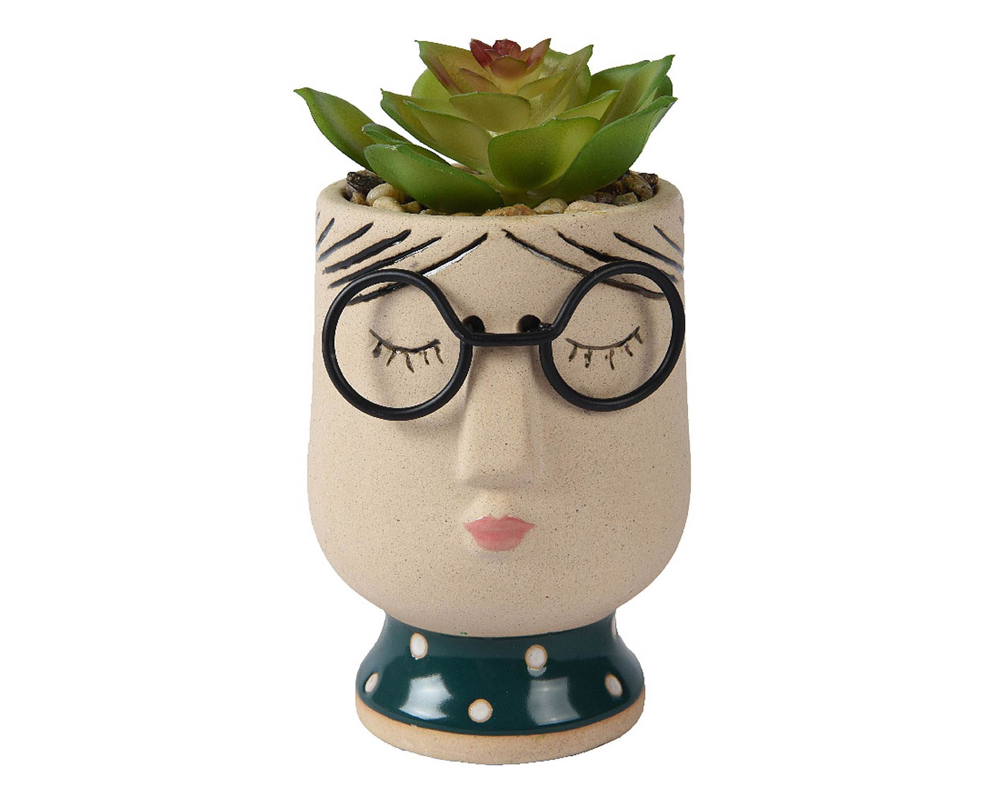 Pianta Artificiale con Vaso Donna Occhiali in Terracotta e Plastica - Kaemingk