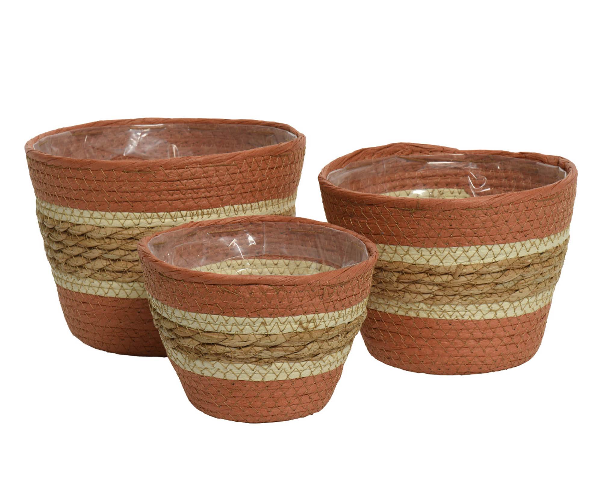 Cesta Porta Piante Righe Orizzontali Naturale e Terra D14x12cm in Fibra Naturale - Kaemingk - immagine 3