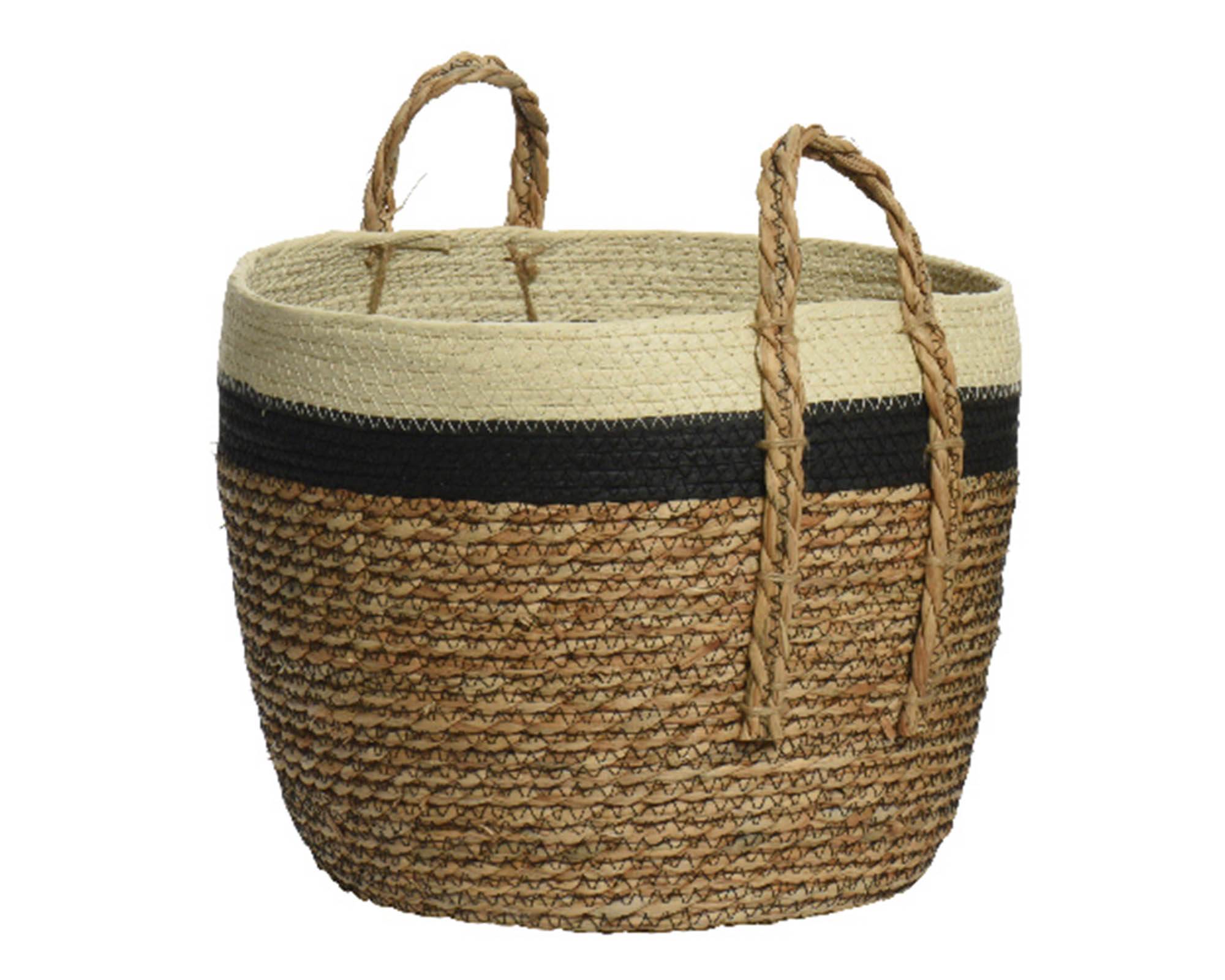 Cesta Porta Piante con Manici Naturale, Nero e Bianco D33x26cm in Fibra Naturale - Kaemingk