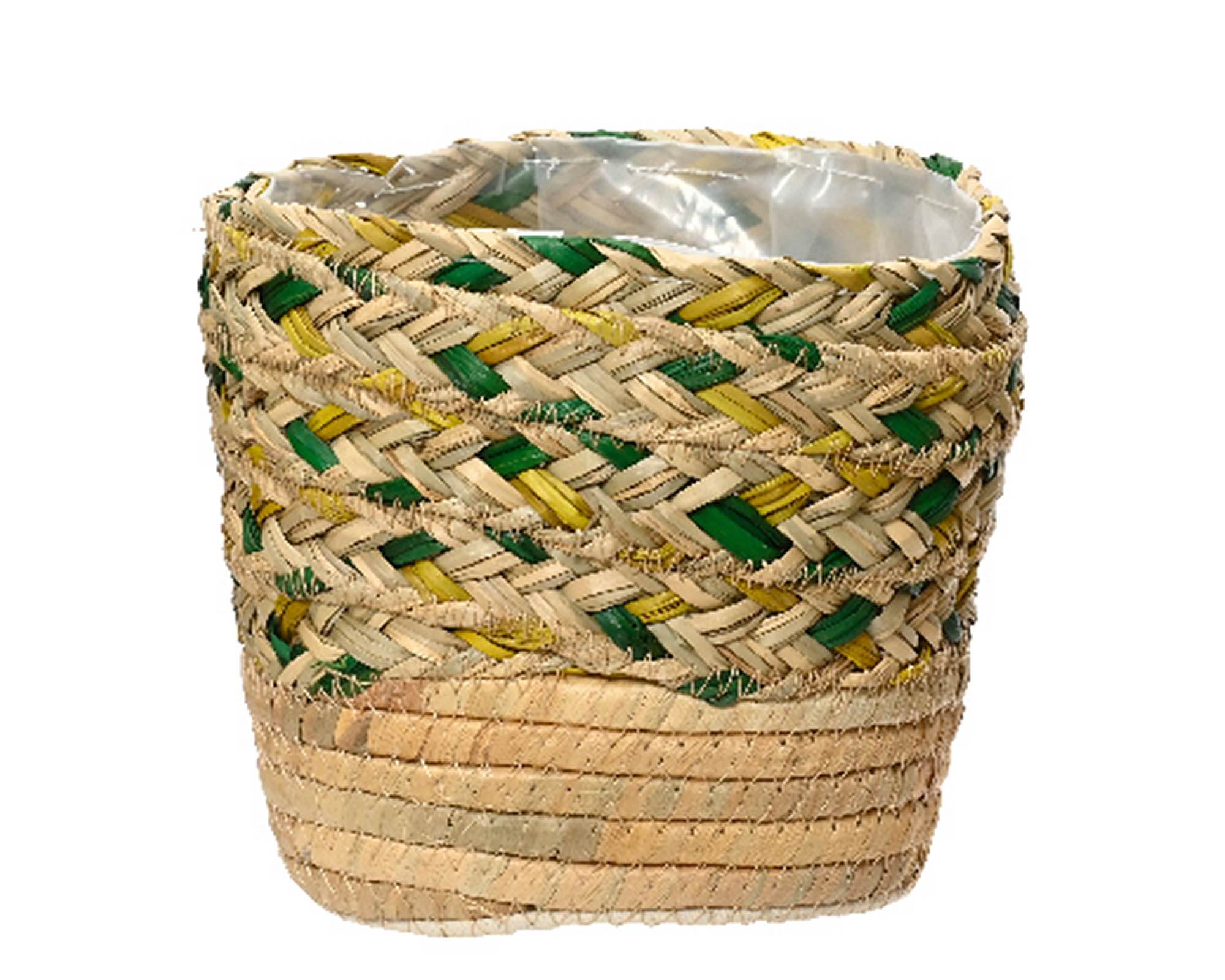 Cesta Porta Piante Intreccio Naturale e Verde D17x16cm in Fibra Naturale - Kaemingk