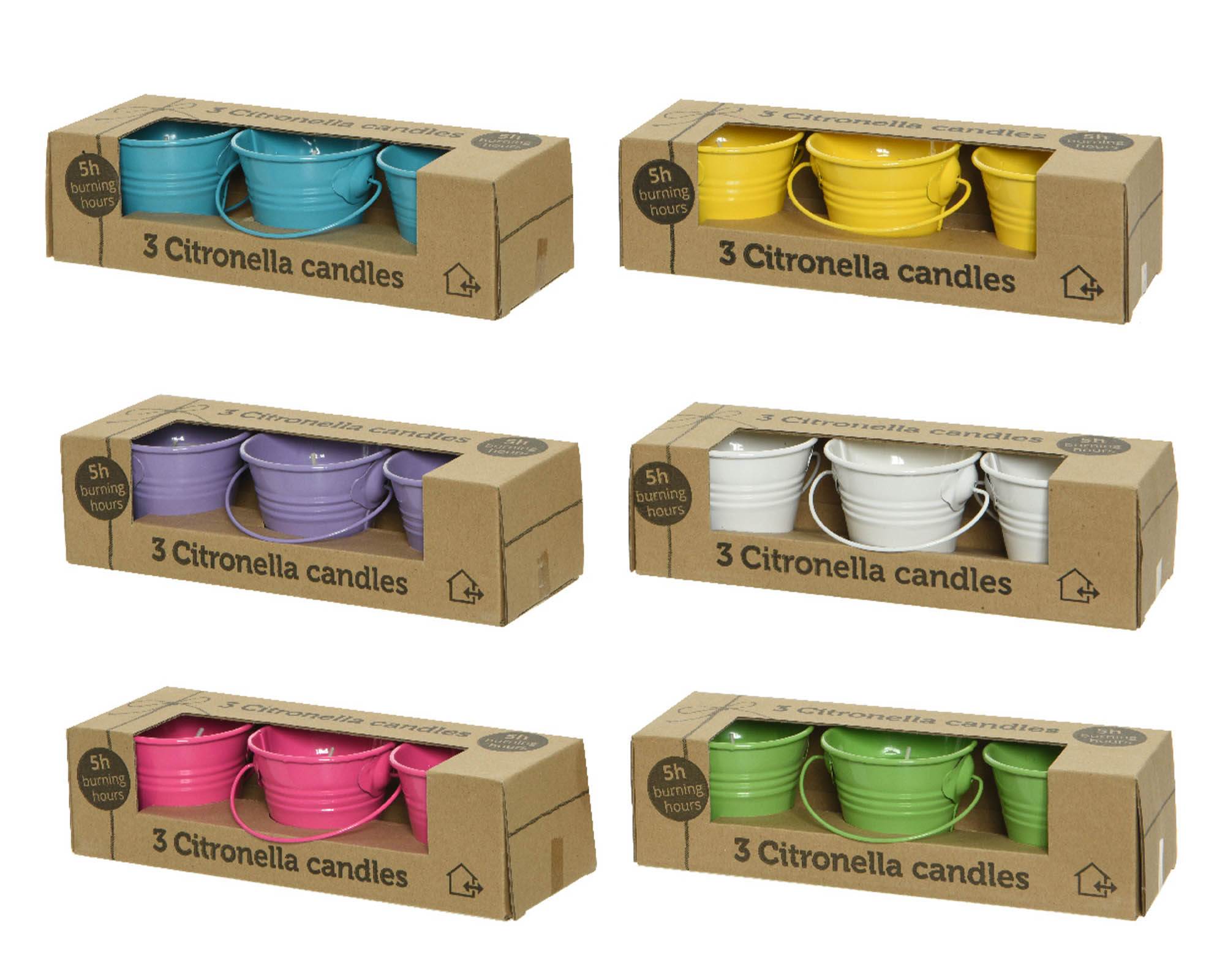 Set 3 Pz Candela alla Citronella con Secchiello Assortito D6,5xH5,5cm in Metallo e Cera - Kaemingk