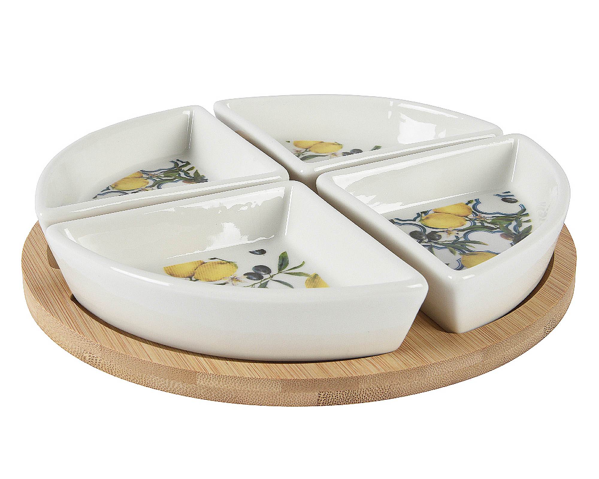 Set 5 Pz Ciotole per Aperitivo Deco Limoni D21,5 in Bamboo e Porcellana - Kaemingk