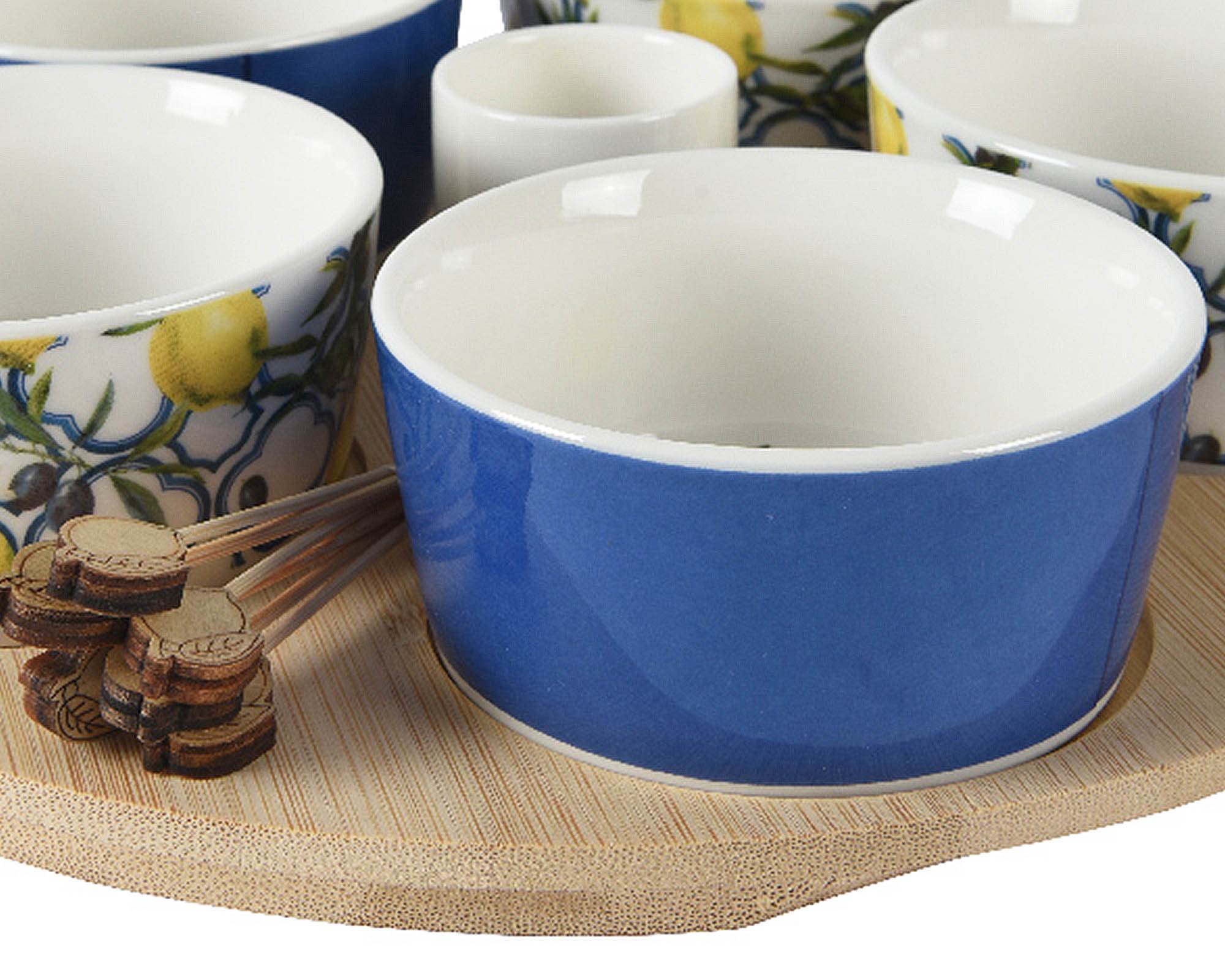 Set 7 Pz Ciotole per Aperitivo Deco Limoni 24x24x5cm in Bamboo e Porcellana - Kaemingk - immagine 3