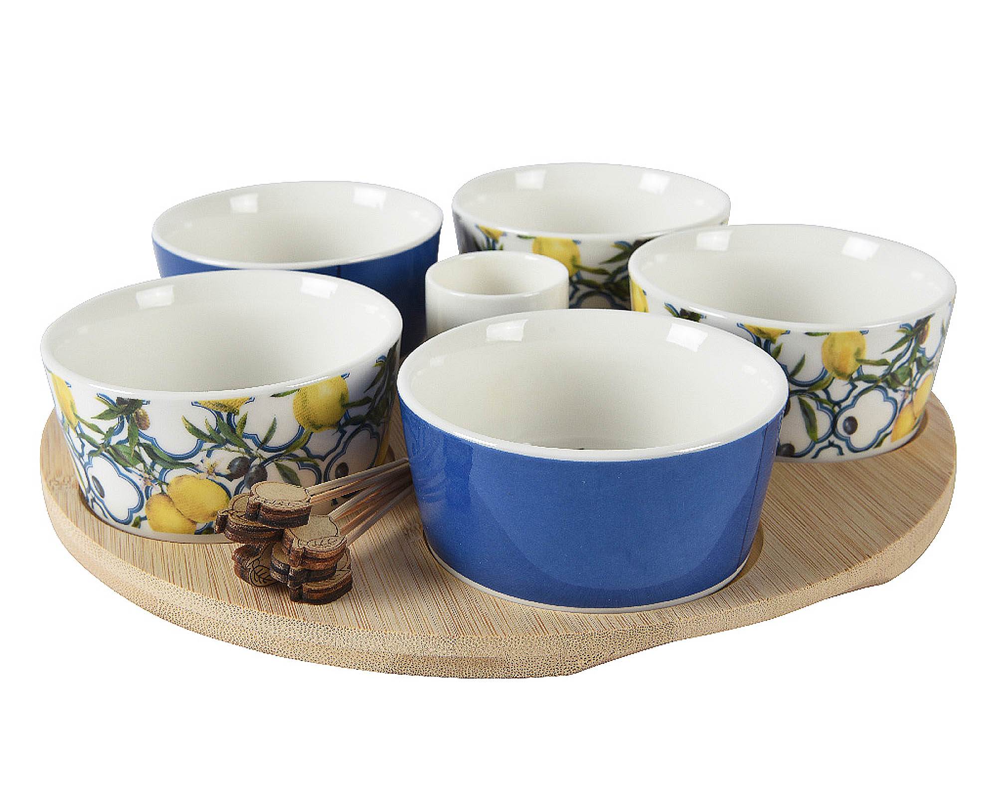 Set 7 Pz Ciotole per Aperitivo Deco Limoni 24x24x5cm in Bamboo e Porcellana - Kaemingk