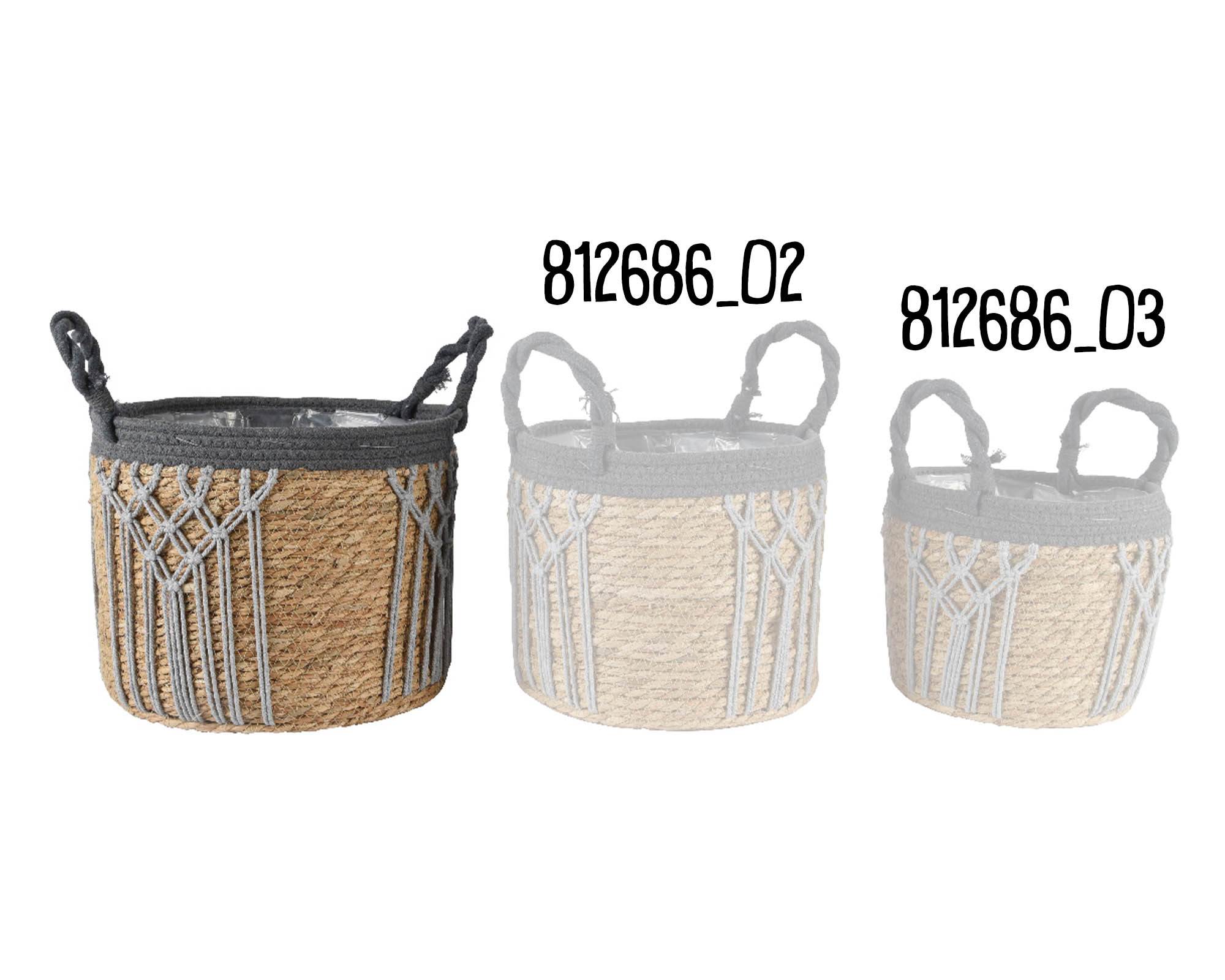 Cesta Porta Piante con Manici e Macramé Grigio e Naturale D32x27cm in Fibra Naturale - Kaemingk - immagine 2