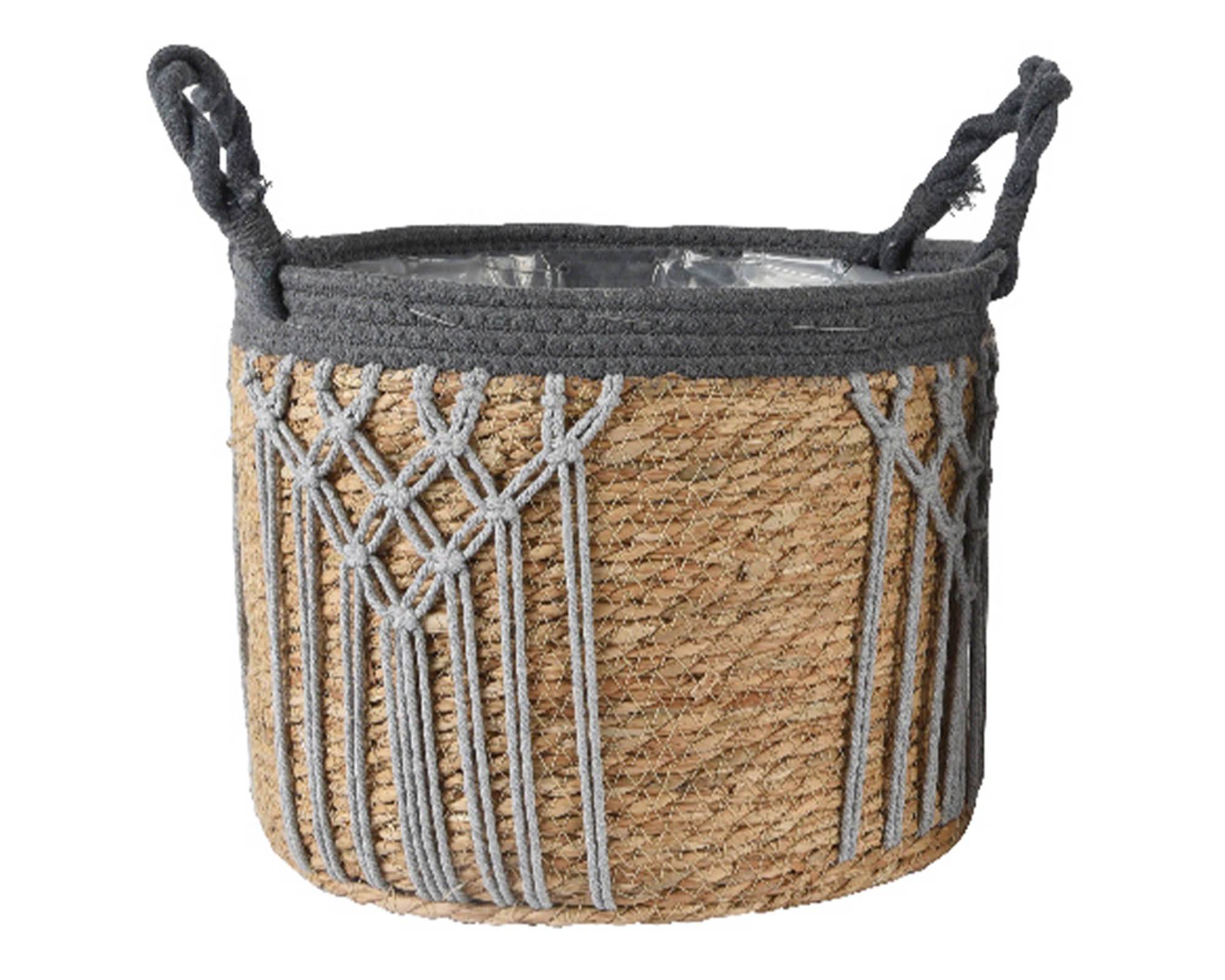 Cesta Porta Piante con Manici e Macramé Grigio e Naturale D32x27cm in Fibra Naturale - Kaemingk