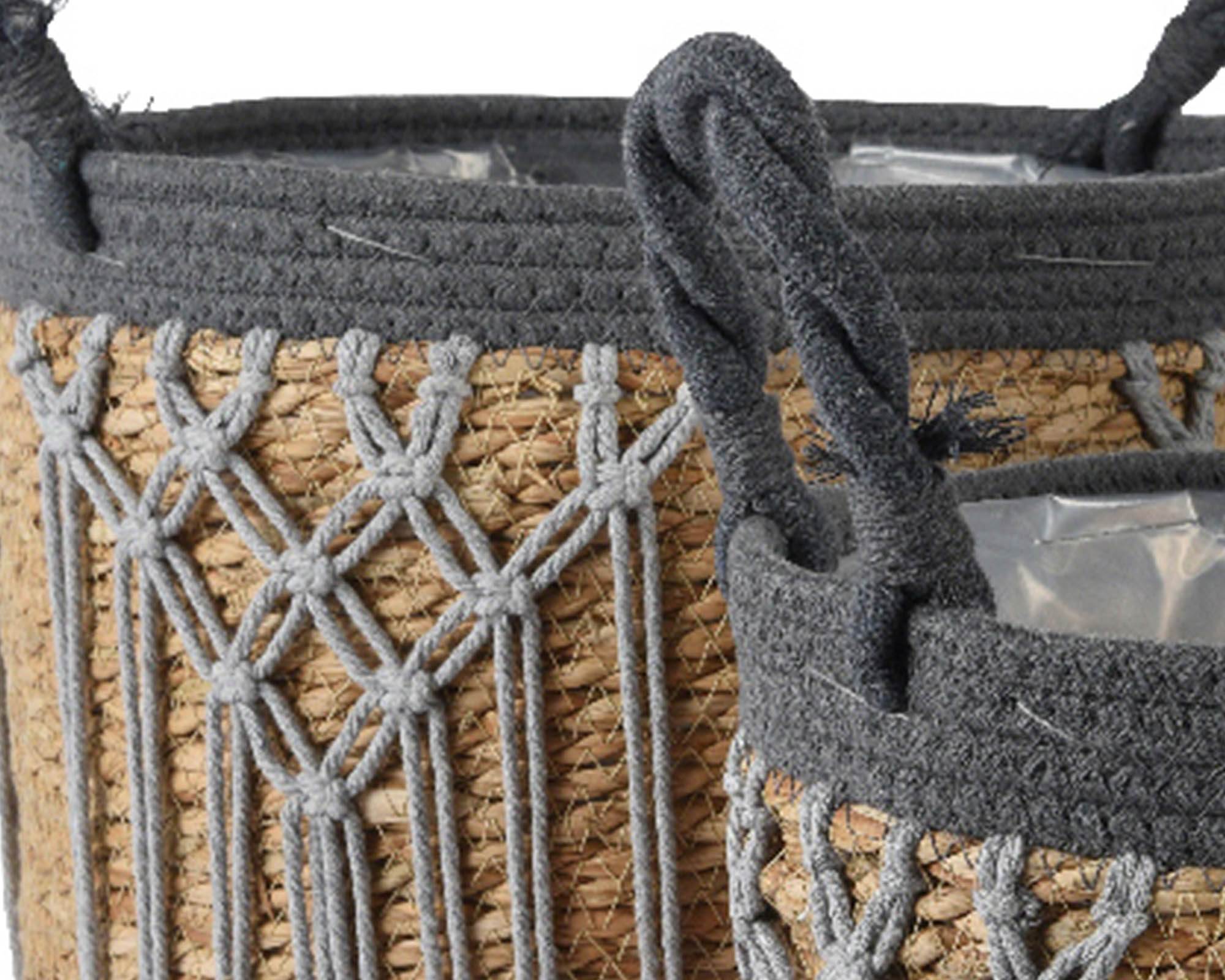 Cesta Porta Piante con Manici e Macramé Grigio e Naturale D29x24cm in Fibra Naturale - Kaemingk - immagine 4