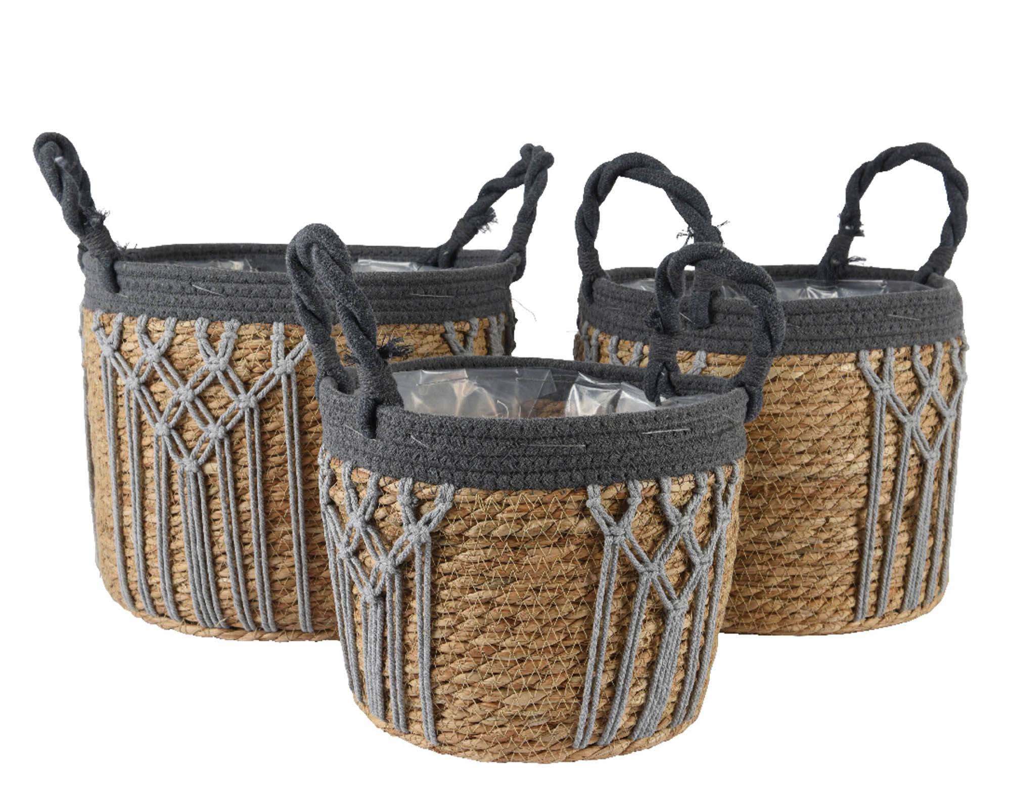 Cesta Porta Piante con Manici e Macramé Grigio e Naturale D29x24cm in Fibra Naturale - Kaemingk - immagine 3