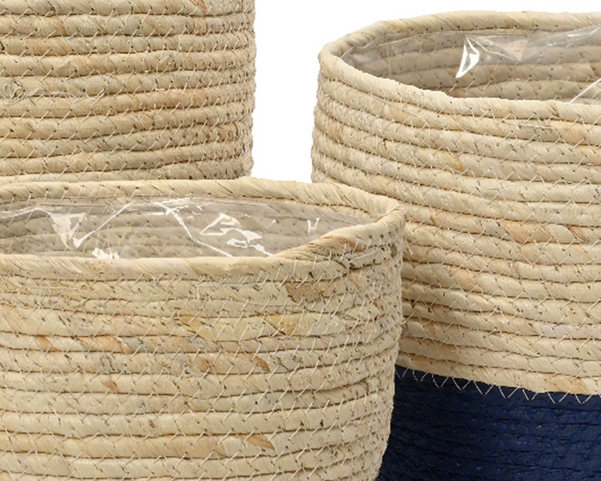 Cesta Porta Piante Bicolor Naturale e Blu Cobalto D21,5x24cm in Foglia di Mais - Kaemingk - immagine 4