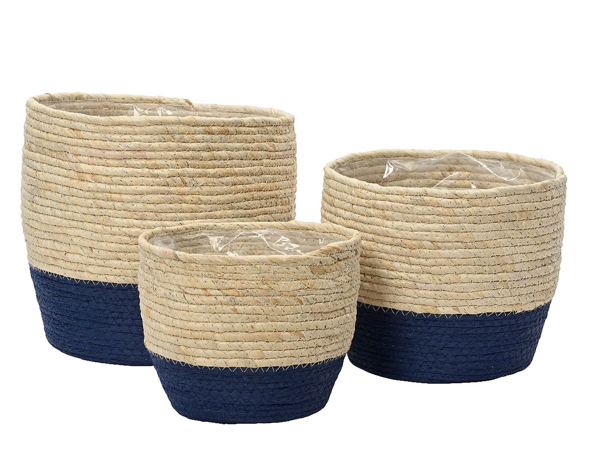Cesta Porta Piante Bicolor Naturale e Blu Cobalto D21,5x24cm in Foglia di Mais - Kaemingk - immagine 3