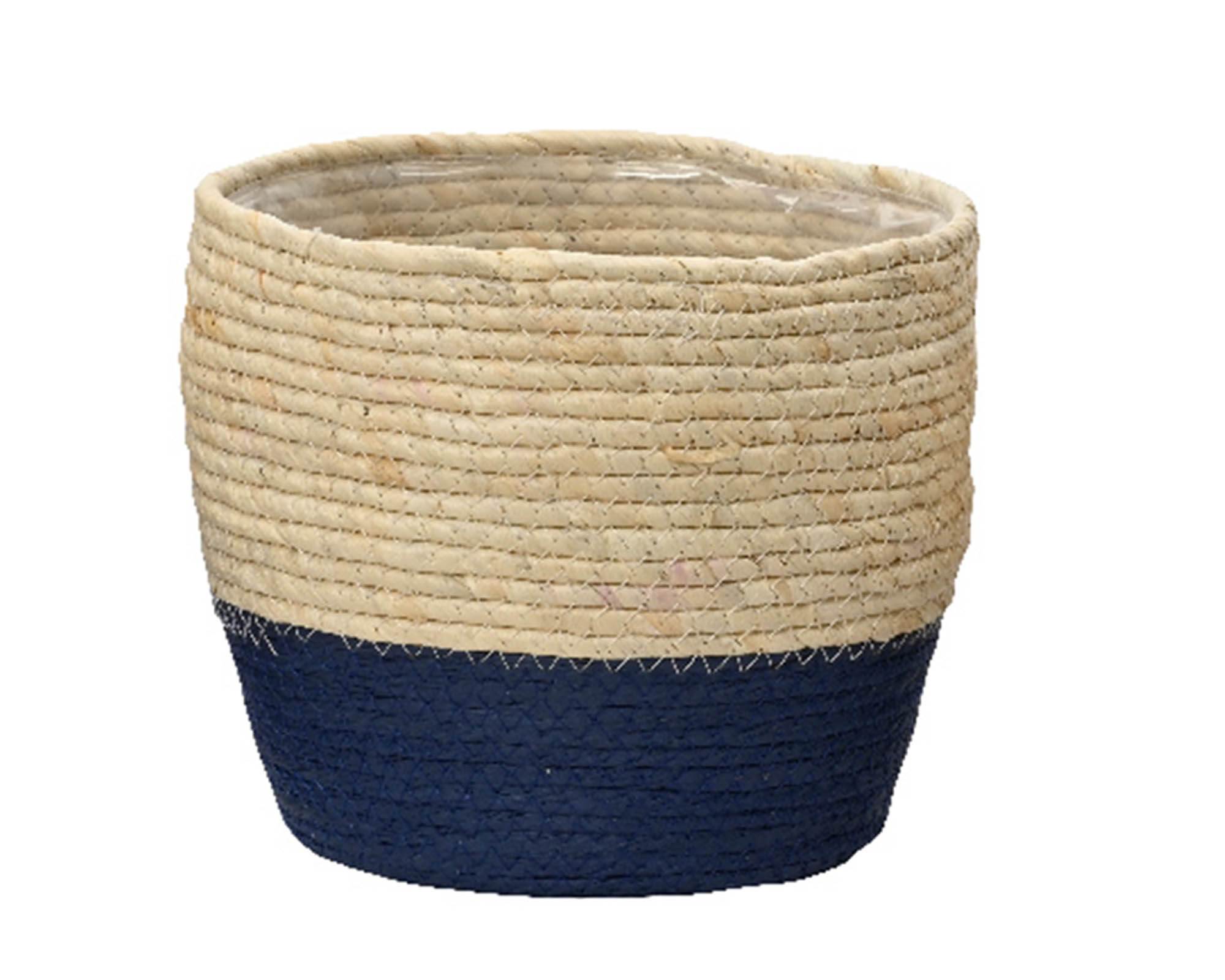 Cesta Porta Piante Bicolor Naturale e Blu Cobalto D21,5x24cm in Foglia di Mais - Kaemingk