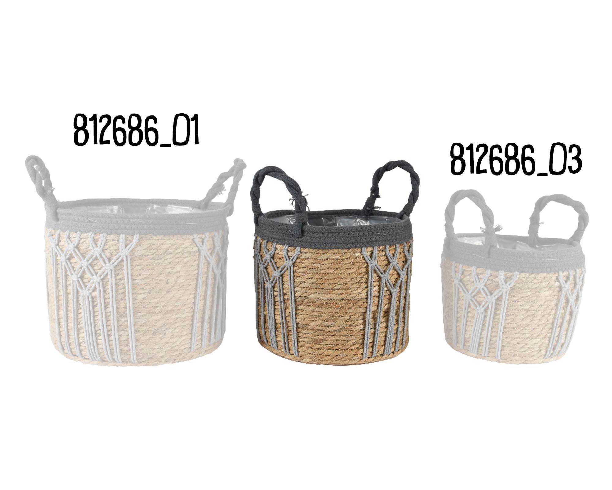 Cesta Porta Piante con Manici e Macramé Grigio e Naturale D29x24cm in Fibra Naturale - Kaemingk - immagine 2