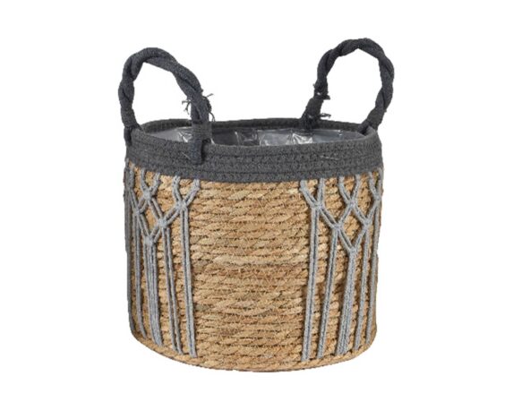 Cesta Porta Piante con Manici e Macramé Grigio e Naturale D29x24cm in Fibra Naturale – Kaemingk