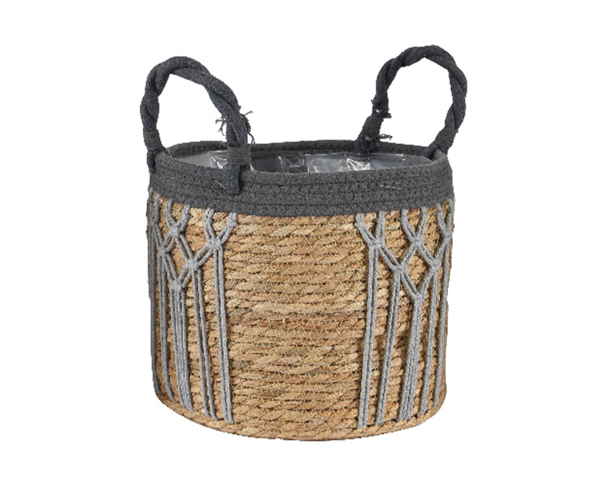 Cesta Porta Piante con Manici e Macramé Grigio e Naturale D29x24cm in Fibra Naturale - Kaemingk