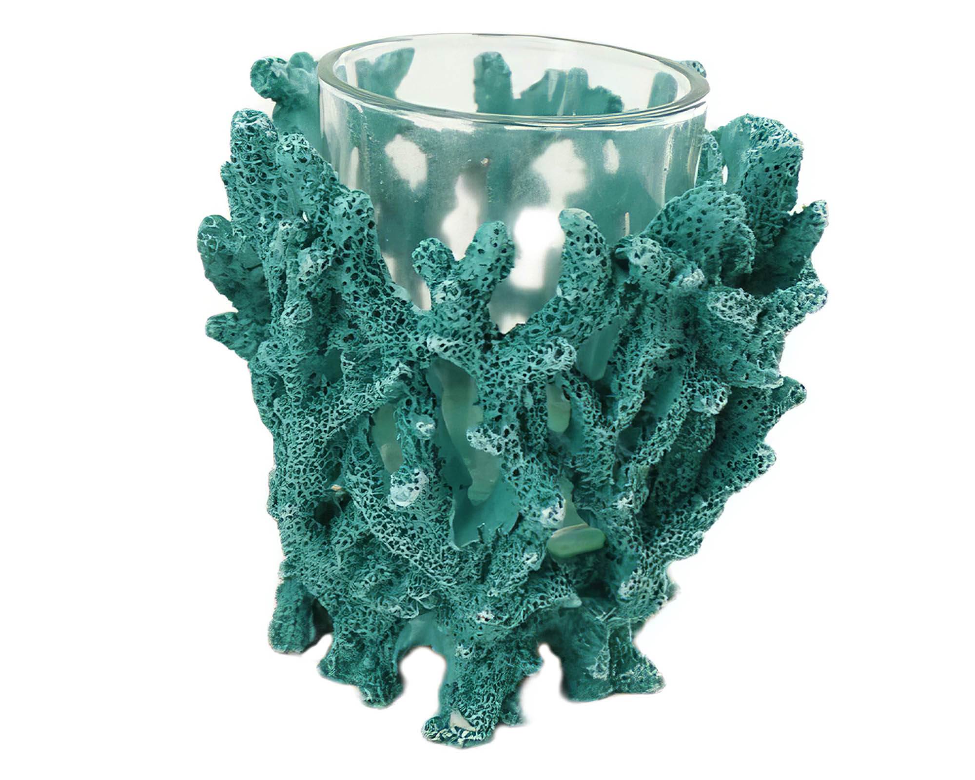 Portacandele Corallo Blu Verde 9x9x8cm in Resina - Dijk - immagine 2