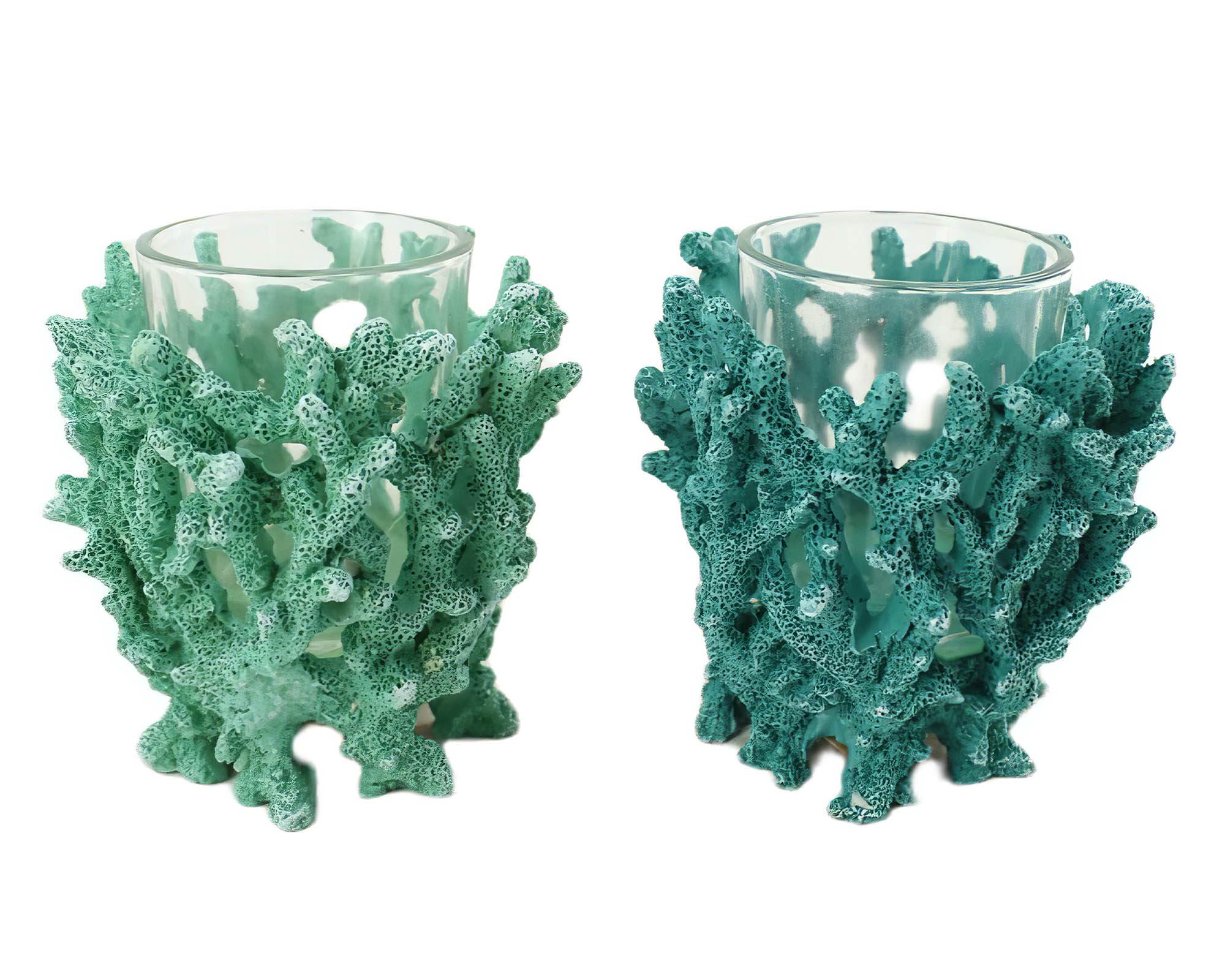 Portacandele Corallo Blu Verde 9x9x8cm in Resina - Dijk