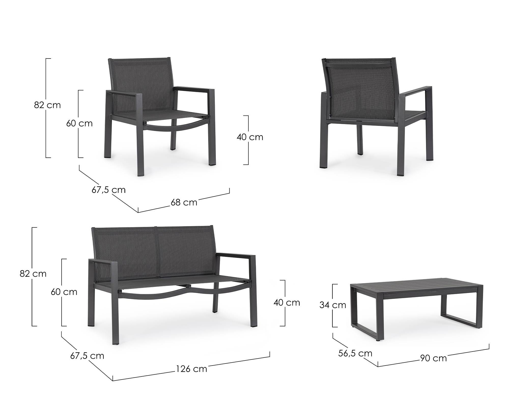 Set 4 Pz Salotto Kallen Antracite in Alluminio, Acciaio e Textilene - Bizzotto - immagine 8