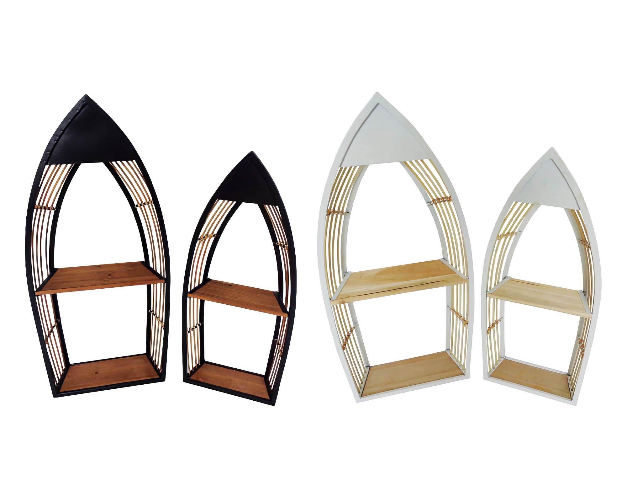 Set 2 Pz Mensola Barca con 2 Ripiani Assortito in Legno, Bamboo, Rattan e Ferro