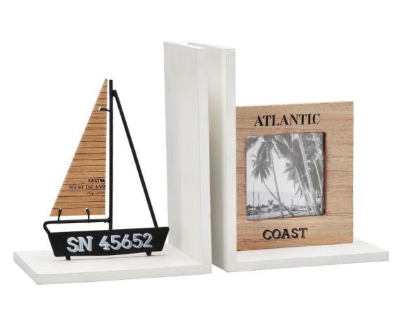 Set 2 Pz Reggilibri con Barca a Vela e Portafoto 28x10x18h in MDF