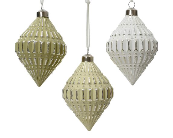 Box 2 Rombo Antico Ornamento Bianco Invernale Bianco Menta Verde Rosmarino D7,8cm in Vetro