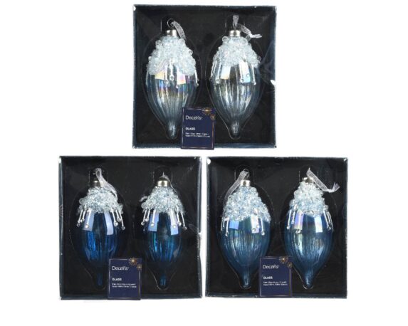 Box 2 Gocce Iris Pendente Trasparente Blu Notte Blu Ghiaccio D6,5x13h in Vetro