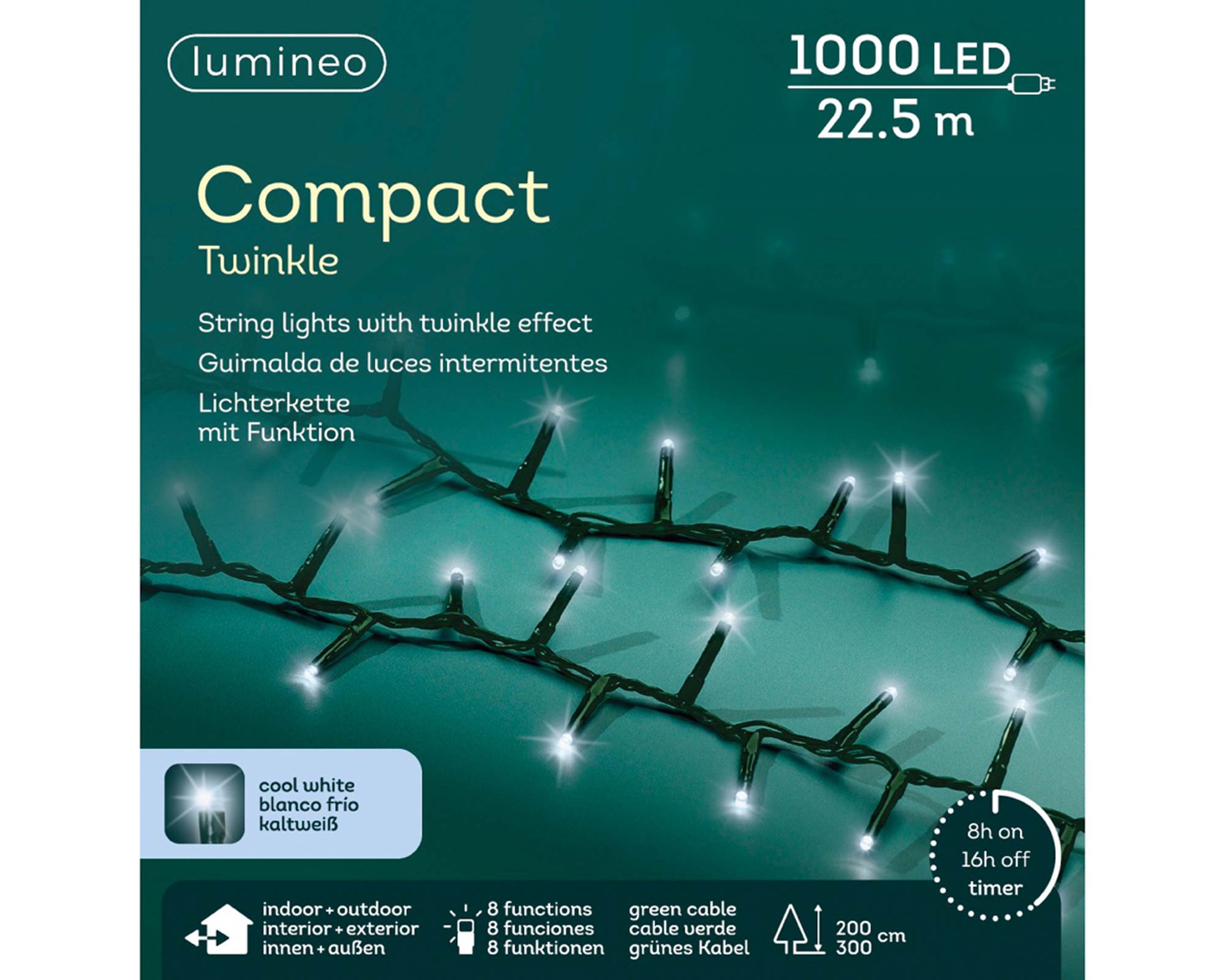 Luci Led Compatte 8 Funzioni Effetto Scintillante per Esterni Verde e Bianco Freddo 2250cm in Pvc - immagine 2