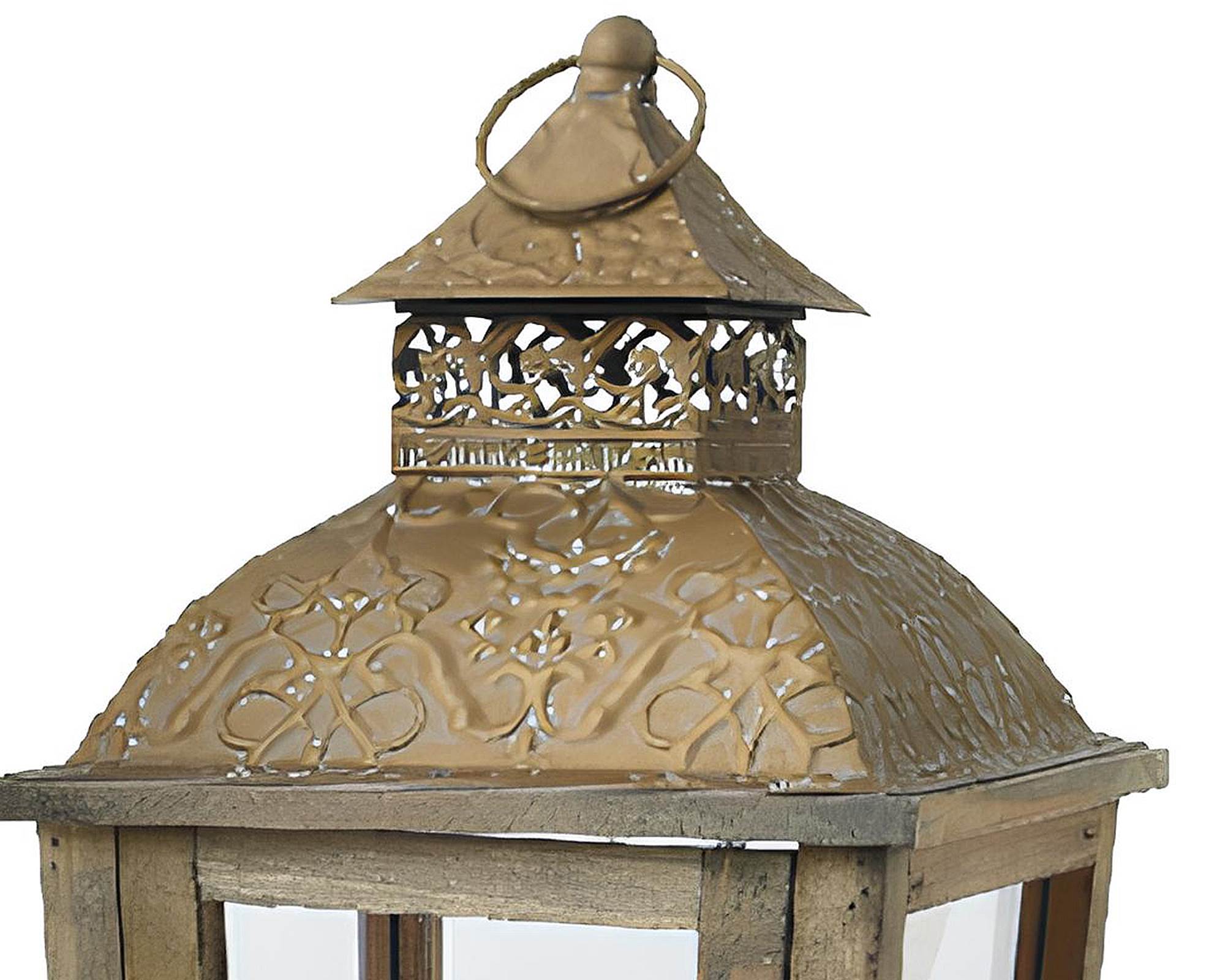 Lanterna Piccola Rilievo Floreale Effetto Antico 14x14x42cm in Abete - immagine 3