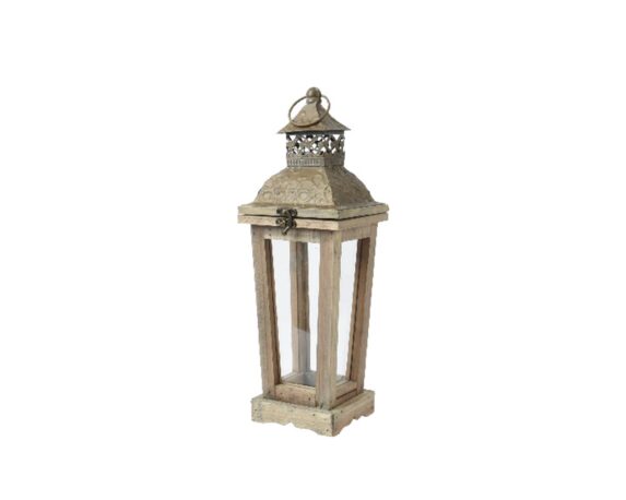 Lanterna Piccola Rilievo Floreale Effetto Antico 14x14x42cm in Abete