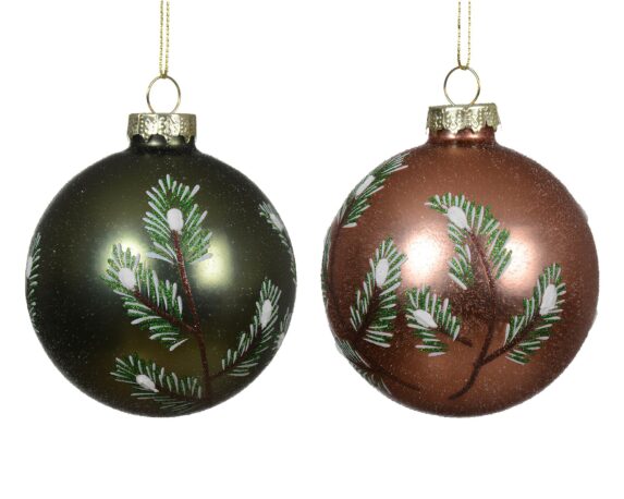 Sfera con Rami di Pino Marrone Pecan e Verde Rosmarino Assortito D8cm in Vetro