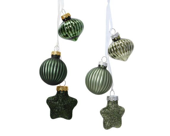 Pendente con Stella, Rombo e Sfera Verde Pino e Verde Rosmarino Assortito 3,5x4x11,5h in Vetro