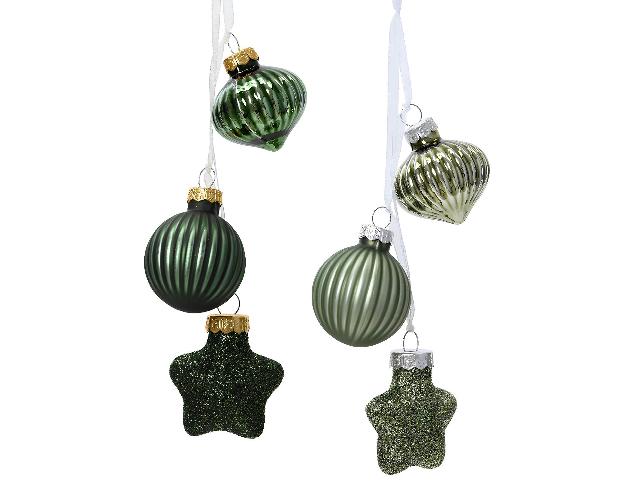 Pendente con Stella, Rombo e Sfera Verde Pino e Verde Rosmarino Assortito 3,5x4x11,5h in Vetro