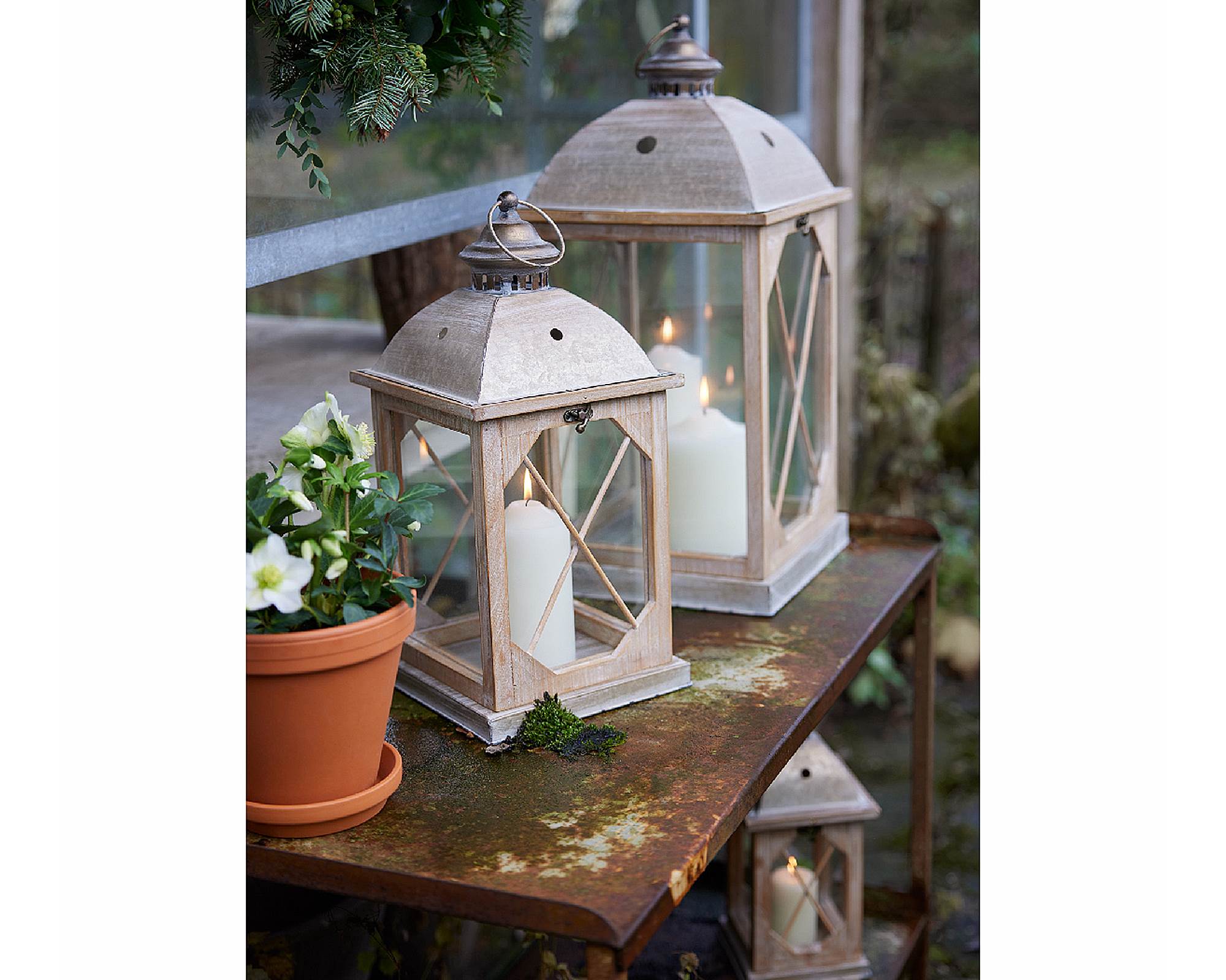 Lanterna Grande Vintage Oro Antico 27x27x56cm in Abete e Vetro - immagine 2