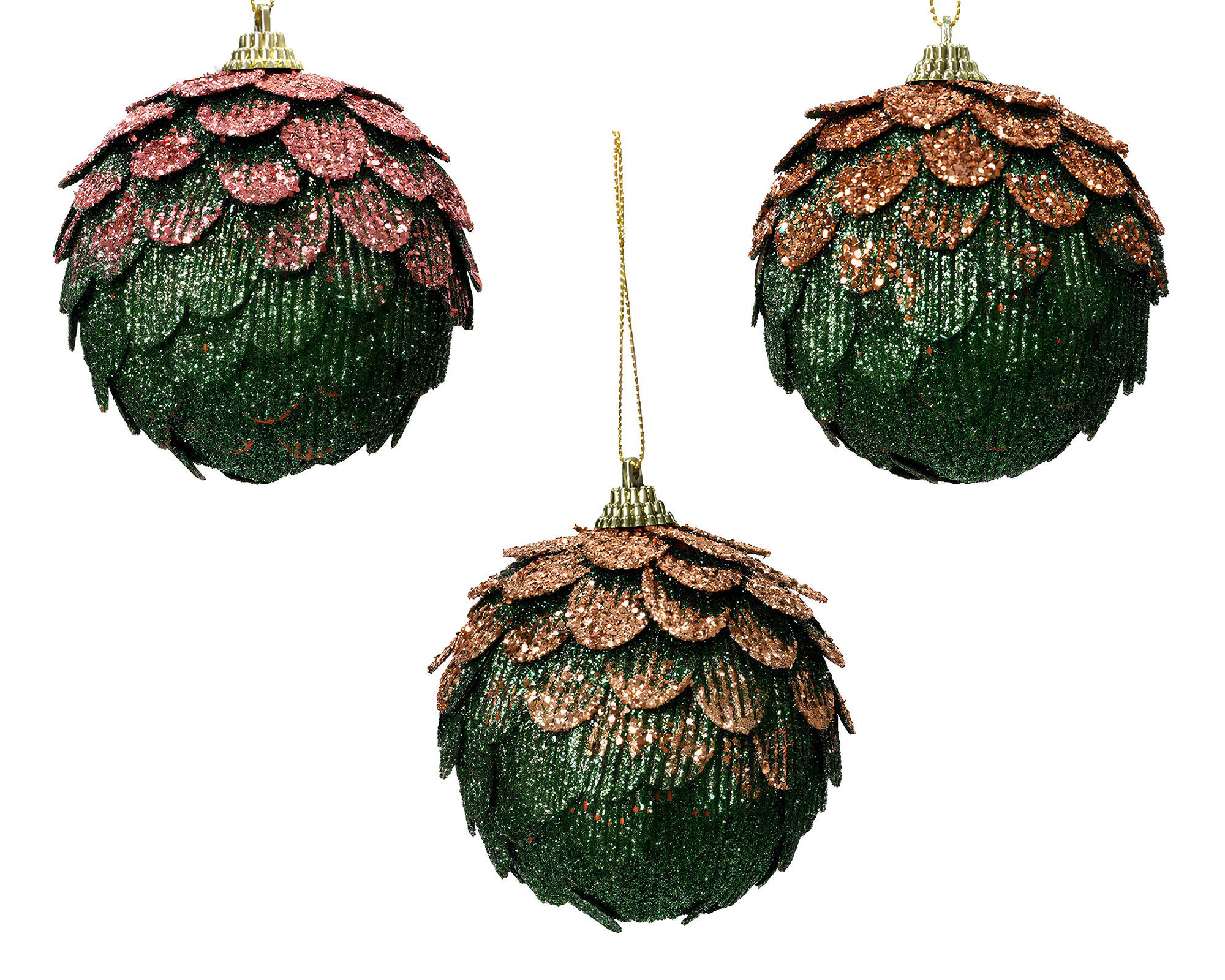 Sfera Pigna Effetto Velluto con Glitter Rosso, Espresso e Rame Assortito D8cm in Plastica