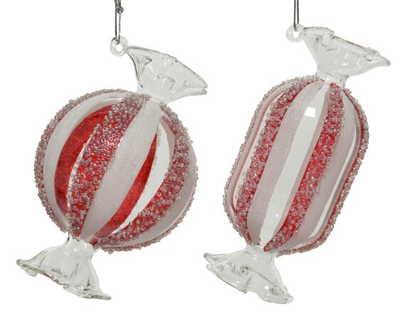 Caramella Pendente con Glitter Rosso 8,5×8,5×12,8cm in Vetro