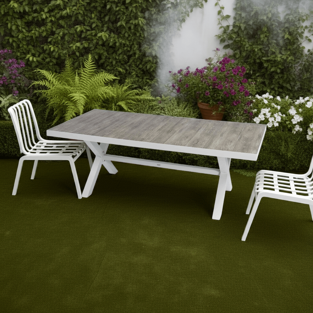 Set Pranzo Tavolo Cross Fisso + 4 Sedie con Braccioli Bianco in Alluminio, Ceramica e Textilene - immagine 5