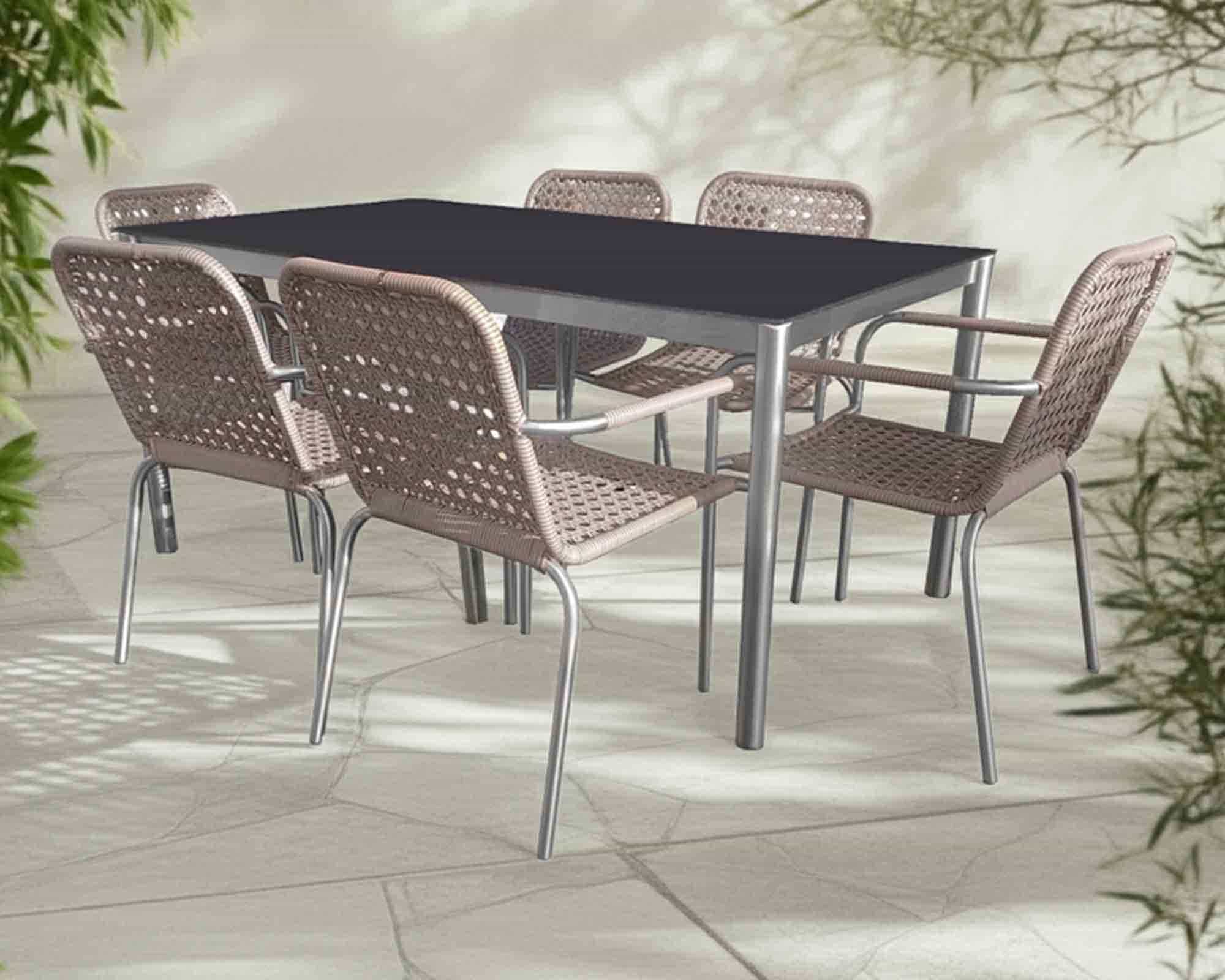 Set Pranzo 90x160 + 6 Poltrone Whicker in Acciaio e Vetro