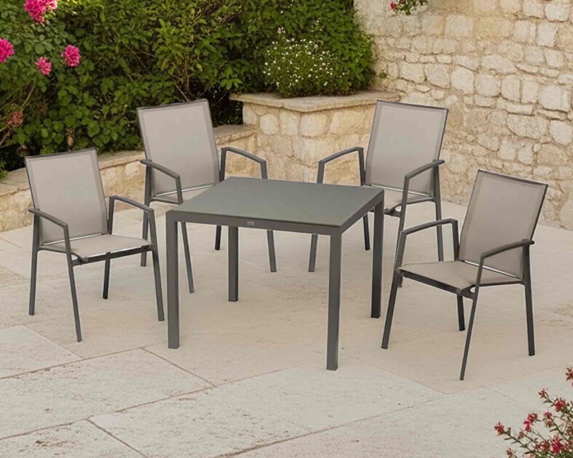 Set Pranzo Tavolo Karol 150x90cm + 4 Poltrone Karol Taupe in Alluminio e Textilene
