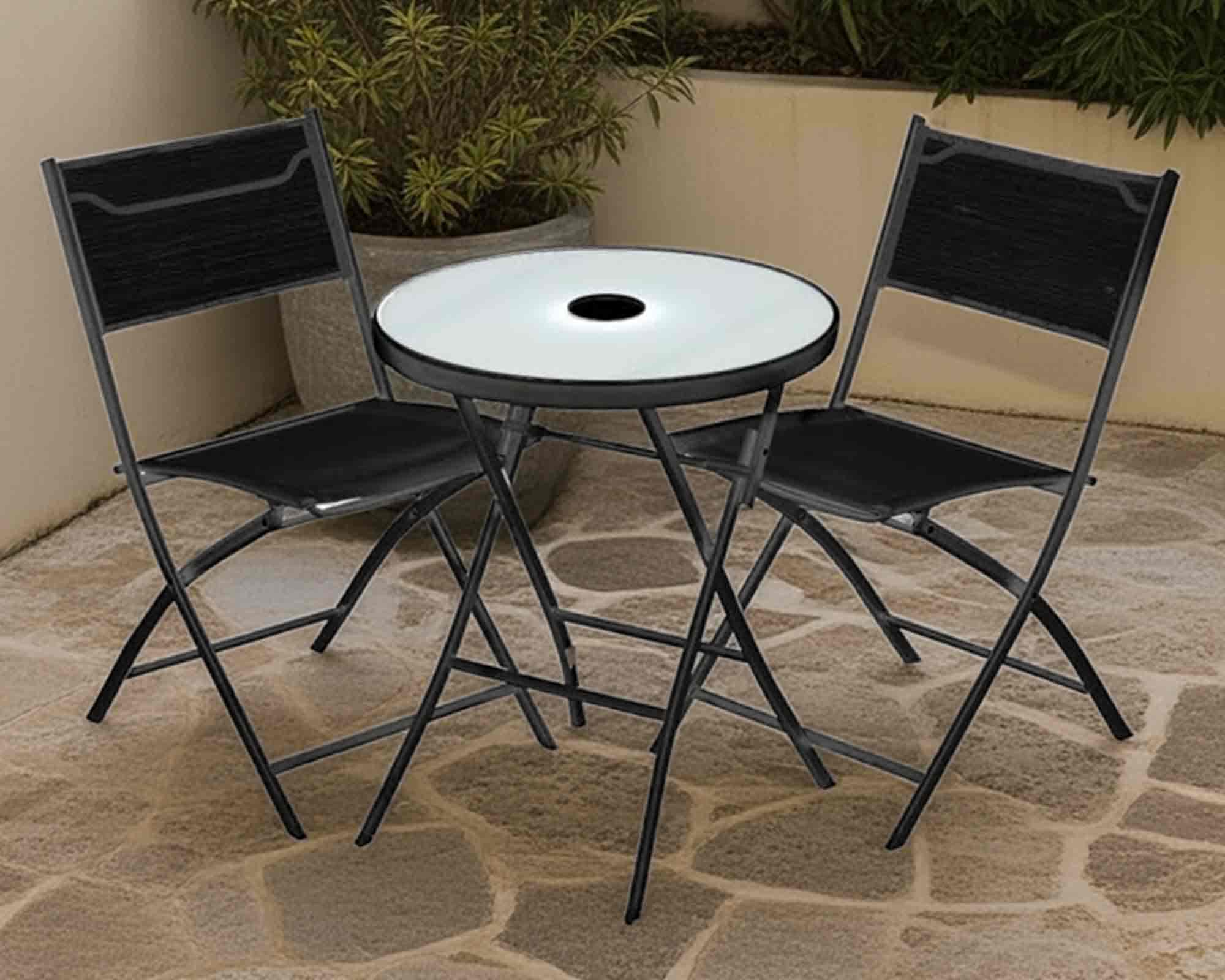 Set Bistrot Daniela Richiudibile + 2 Sedie Nero con Top e Led in Alluminio in Vetro