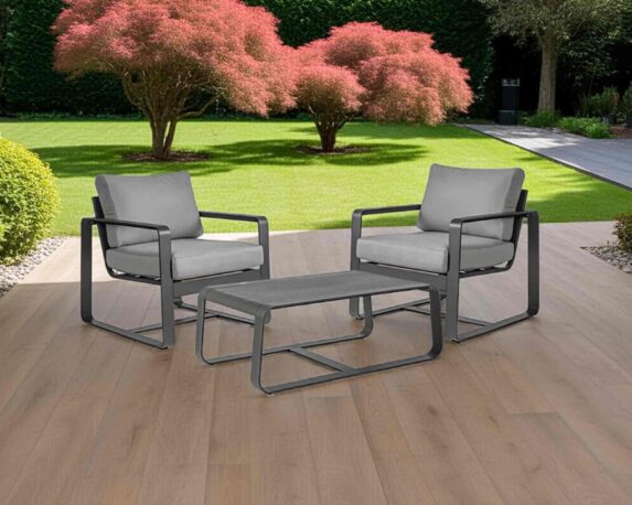 Set Salotto Tavolino Merrigan + 2 Poltrone Antracite in Alluminio e Polipropilene – Bizzotto