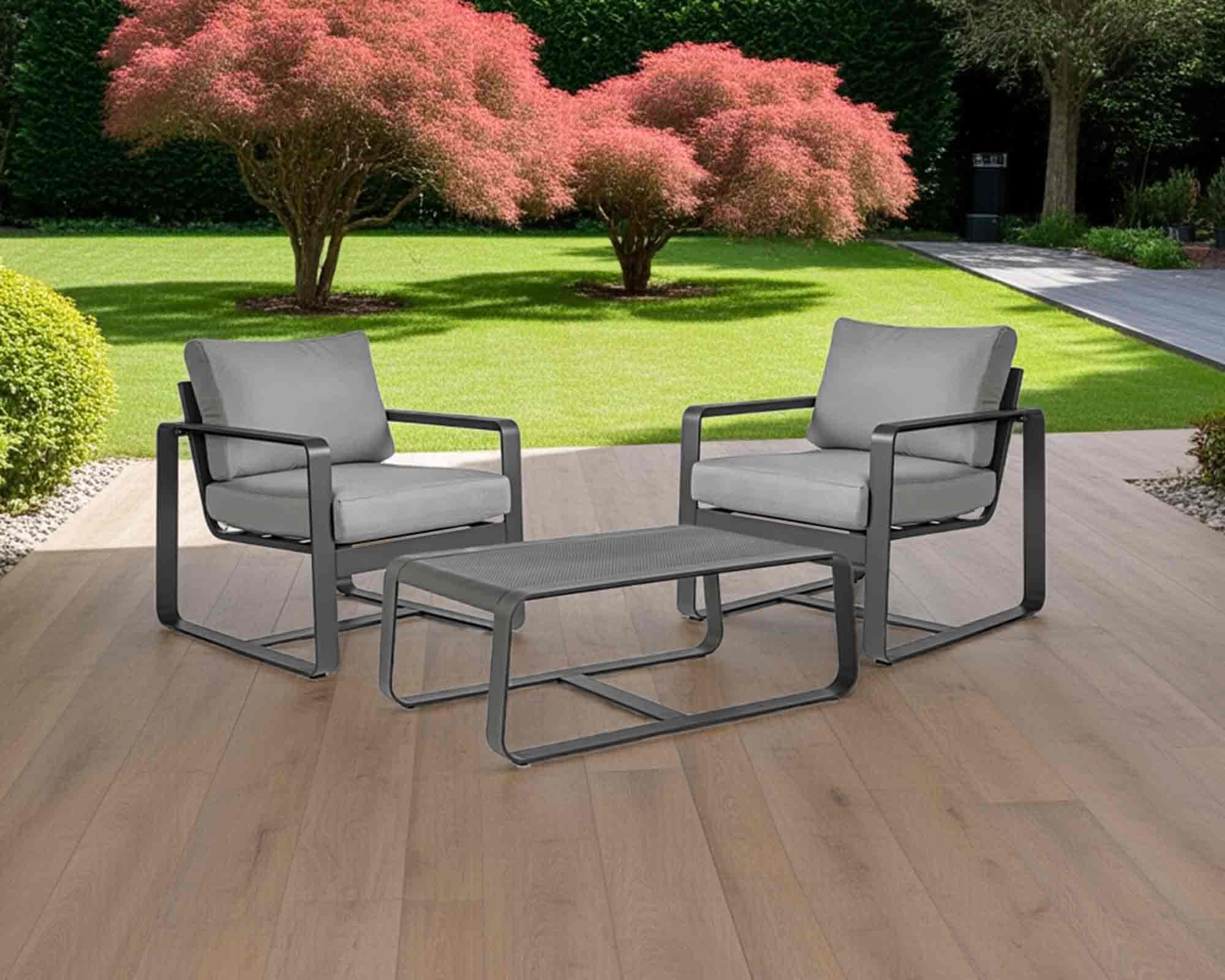 Set Salotto Tavolino Merrigan + 2 Poltrone Antracite in Alluminio e Polipropilene - Bizzotto