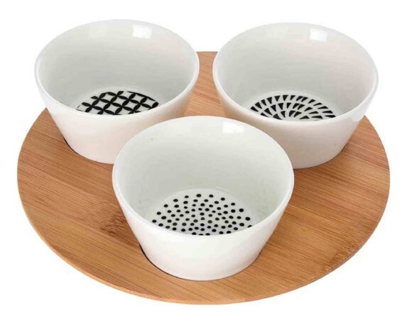 Set Vassoio con 3 Ciotole D30x6cm in Bamboo e Ceramica