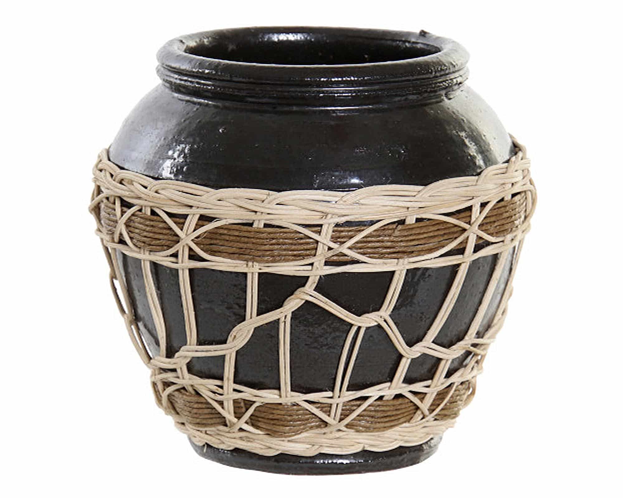 Vaso Nero con Intreccio di Rattan D18,5x18h in Gres