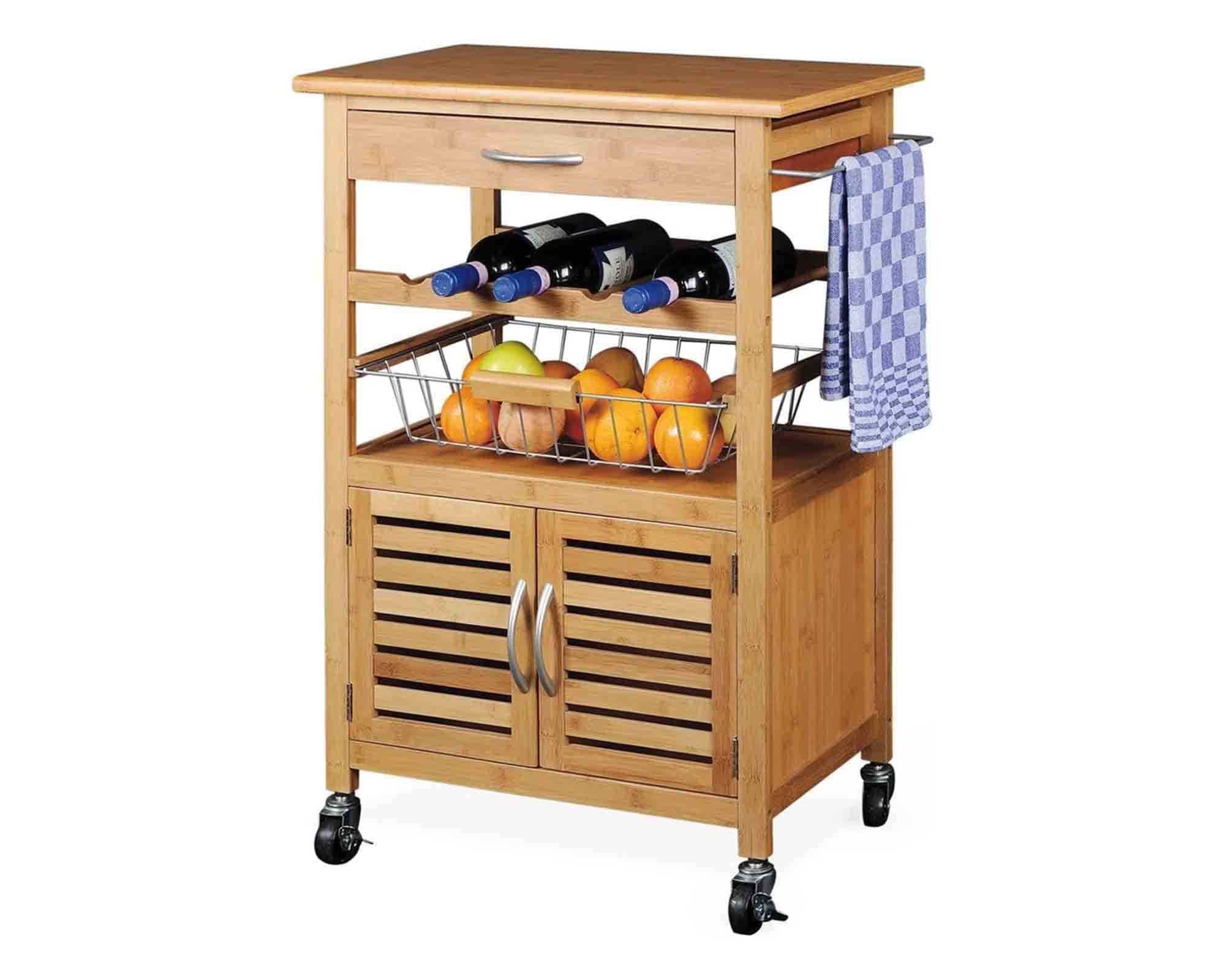 Carrello con 2 Ripiani e Sportello 66x33x88cm in Bamboo - immagine 2