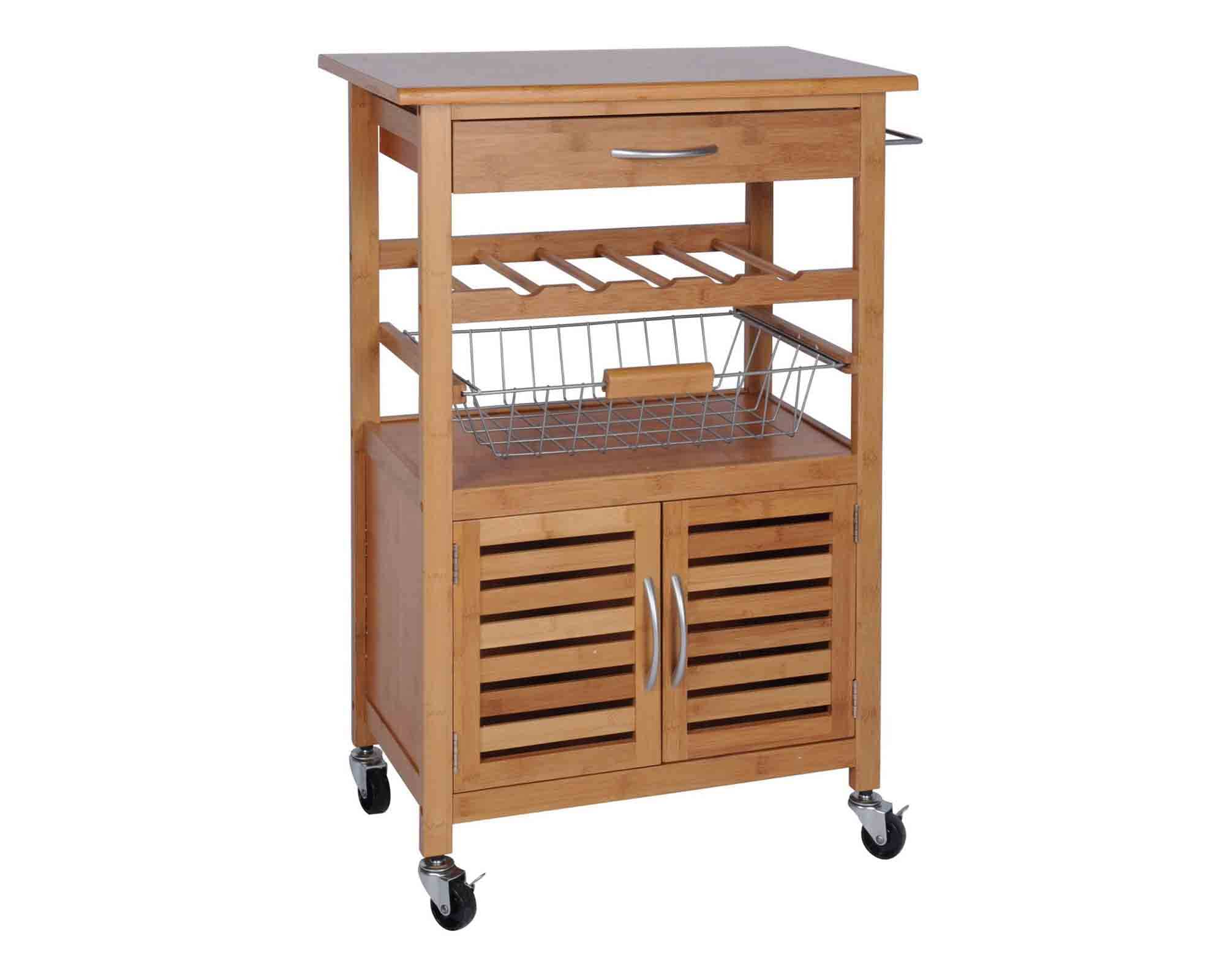 Carrello da Cucina 66x36x84cm in Bamboo e Acciaio Inox