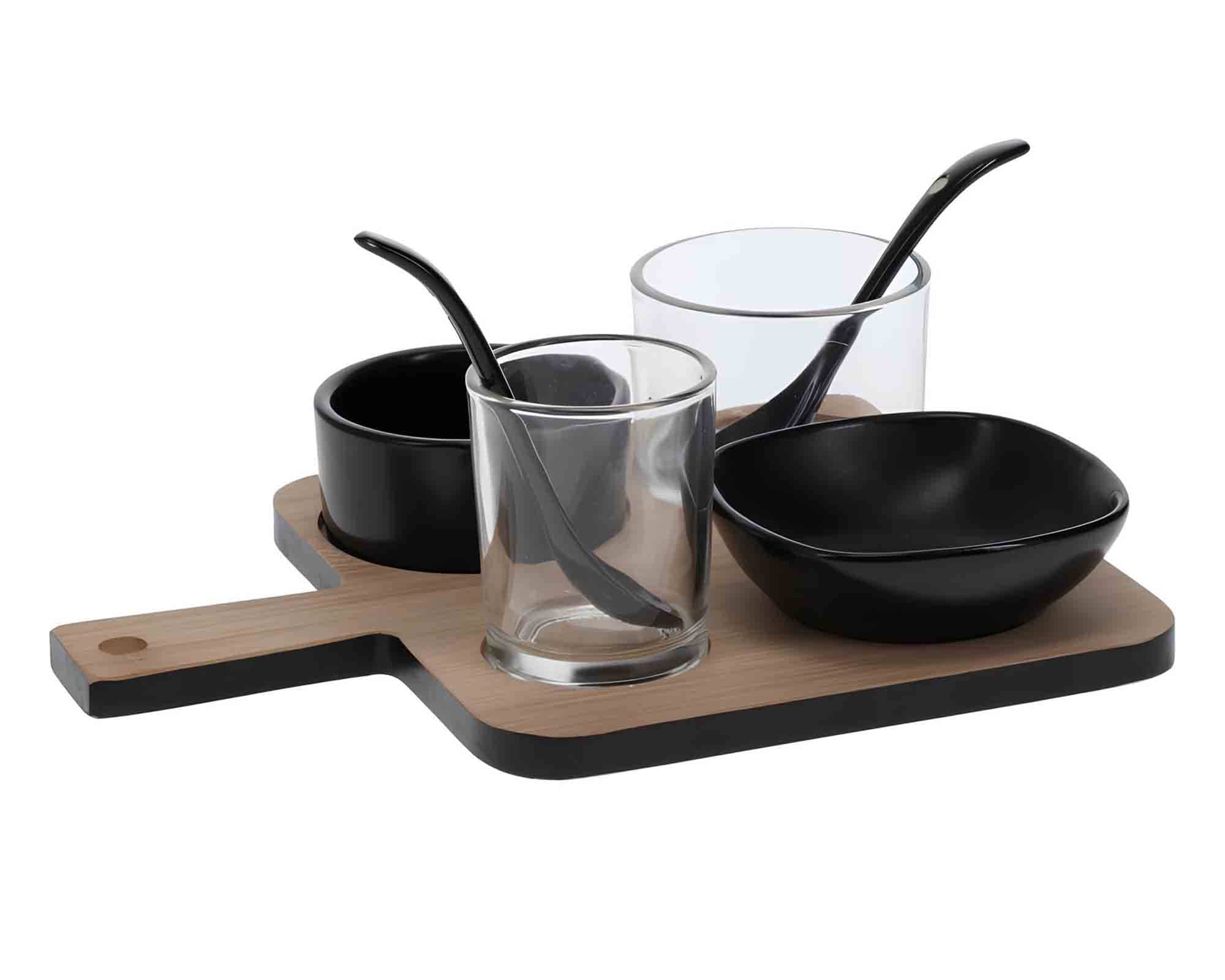 Set 5 Pz Aperitivo con Supporto Nero 22x17x6,5cm in Porcellana e Legno