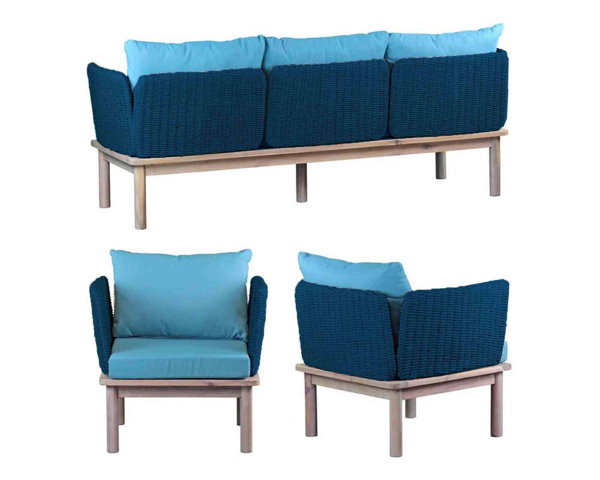 Set 4 Pz Salotto Santa Maria Blu in Legno di Acacia, Gres e Polyrattan - immagine 5