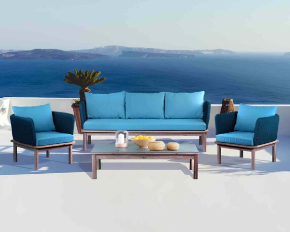 Set 4 Pz Salotto Santa Maria Blu in Legno di Acacia, Gres e Polyrattan