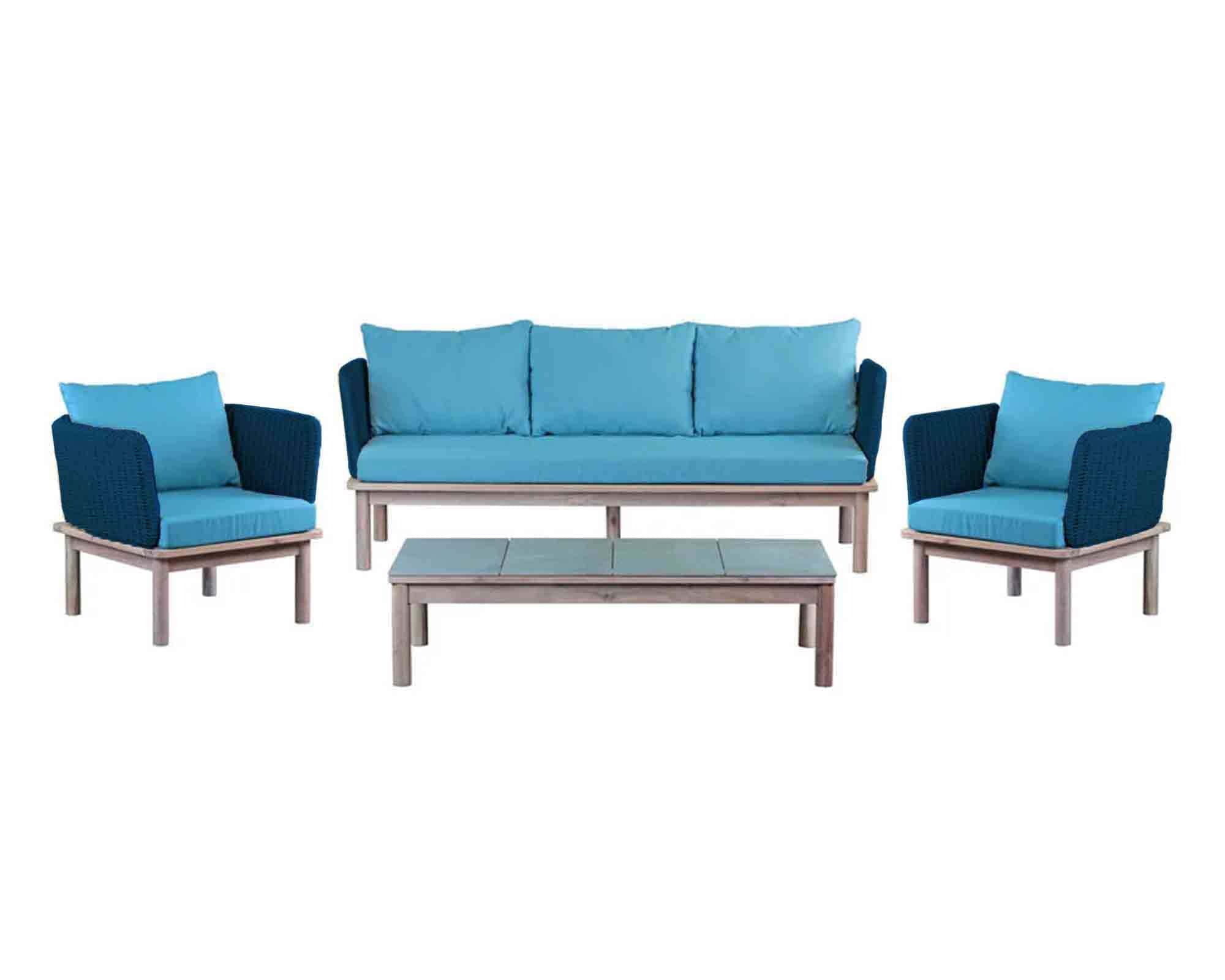 Set 4 Pz Salotto Santa Maria Blu in Legno di Acacia, Gres e Polyrattan - immagine 2