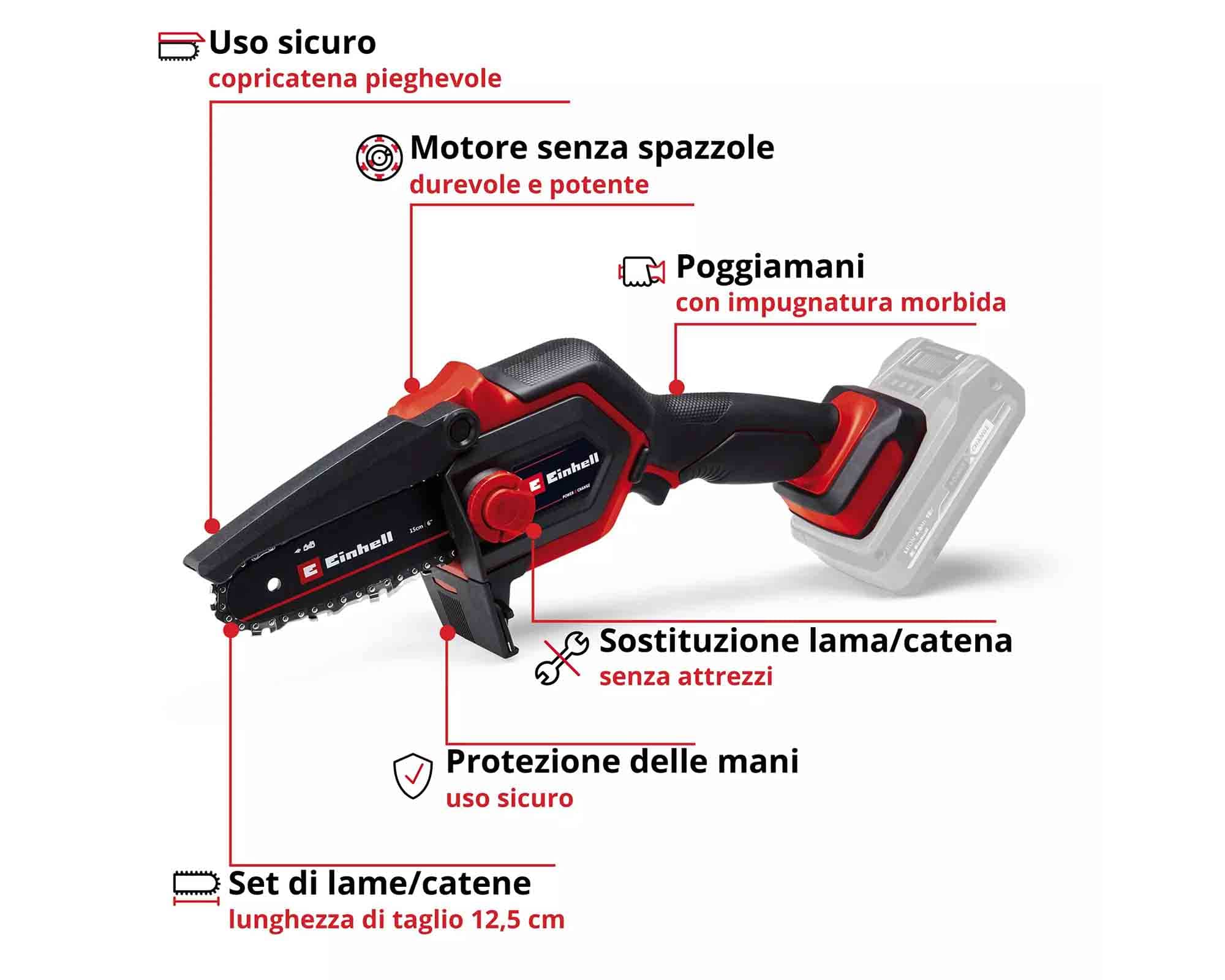 Potatore a Catena a Batteria 18 V Lunghezza di Taglio 12,5cm GE-PS 18/15 LI - Einhel - immagine 2