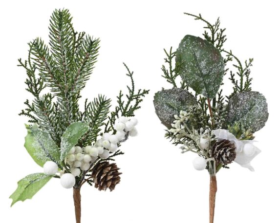 Decorazione Ramo con Pigne Innevato Verde e Bianco Assortito 22cm